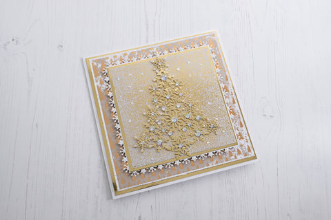 Create a beautiful gold mirror snowflake Christmas tree card using the new Snowflake Tree Metal Die Stamp from Chloes Creative Cards.