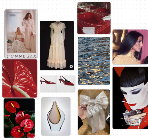 Photo of author's moodboard consisting of a vintage Gunne Sax advertisement, vintage Gunne Sax dress, red heart-shaped hot tub, two red anthurium flowers, red gucci slingback heels, a glass sculpture, silver ripple waves, a satin ivory bow a photo of cher, and 1980s avant guarde artwork