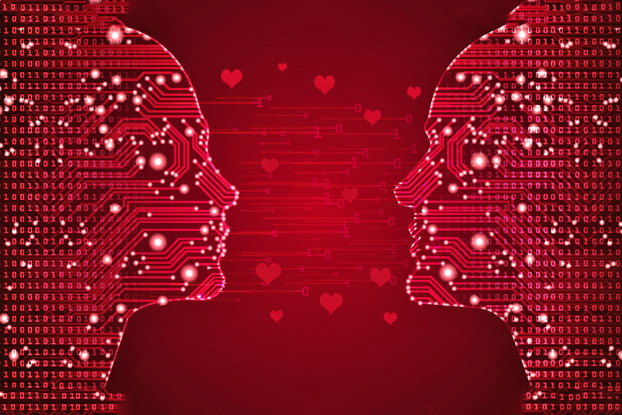 couple with hearts and ai computer symbols