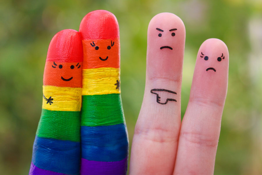 finger puppets, lgbt+ couple with angry straight people, tips coming out at work