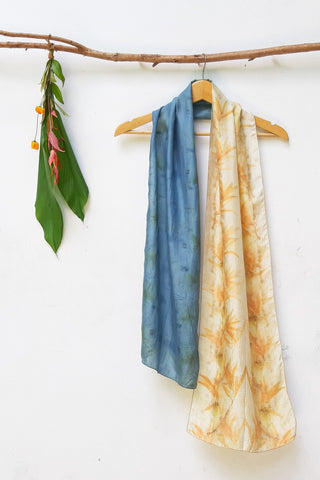 indigo-dyed ecoprinted scarf