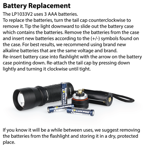 LUXPRO LP1033V2 Flashlight Battery Replacement Instructions