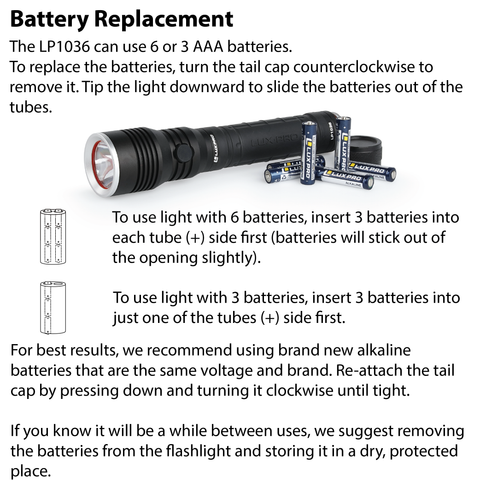 LUXPRO LP1036 Flashlight Battery Replacement Instructions