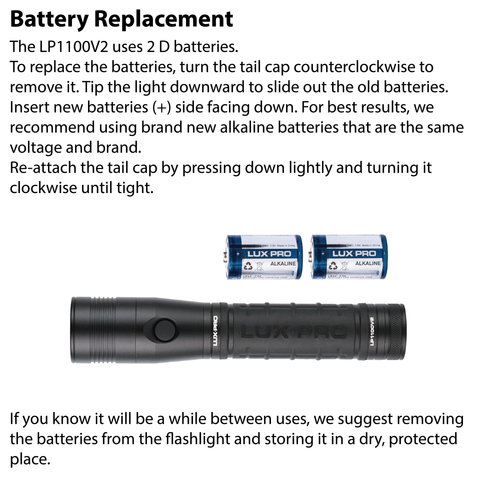 LUXPRO LP1100V2 Flashlight Battery Replacement Instructions