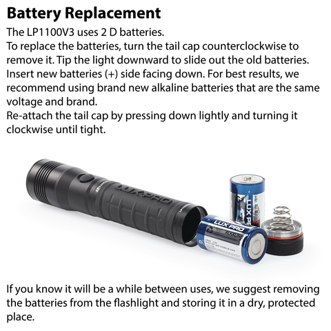 LUXPRO LP1100V3 Flashlight Battery Replacement Instructions