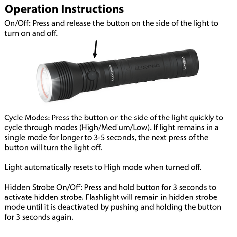 LUXPRO LP1201 Flashlight Operation Instructions