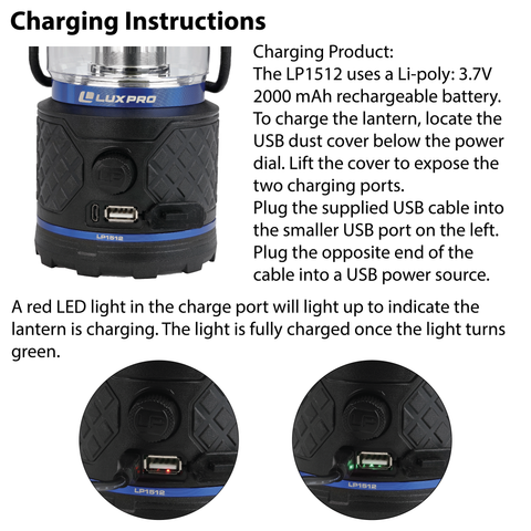 LUXPRO LP1512 Lantern Charging Instructions