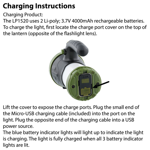 LUXPRO LP1520 Lantern Charging Instructions