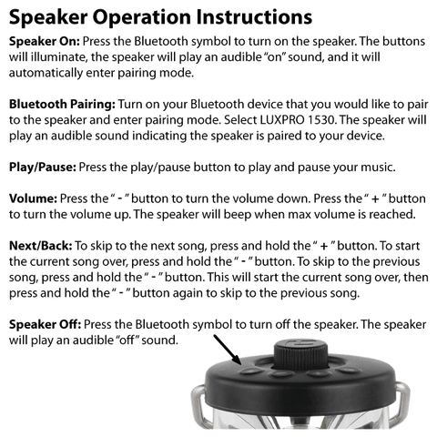 LUXPRO LP1530 Speaker Operation Instructions