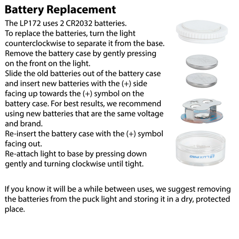 LUXPRO LP172 Puck Light Battery Replacement Instructions