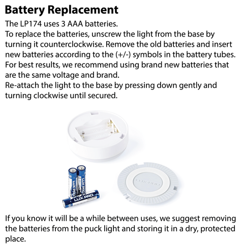 LUXPRO LP174 Puck Light  Battery Replacement Instructions