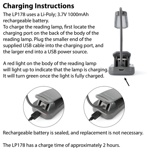 LUXPRO LP178 Reading Lamp Charging Instructions