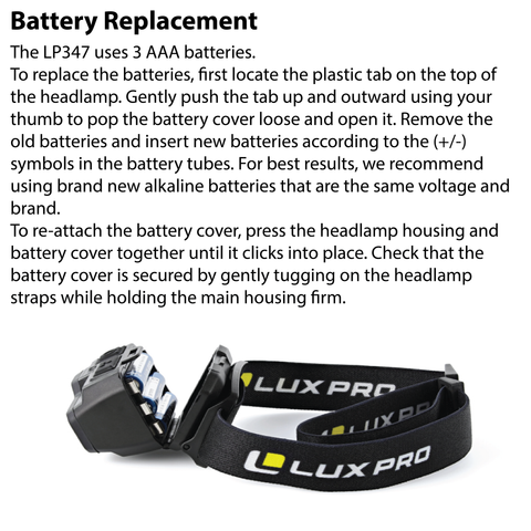 LUXPRO LP347 Headlamp Battery Replacement Instructions