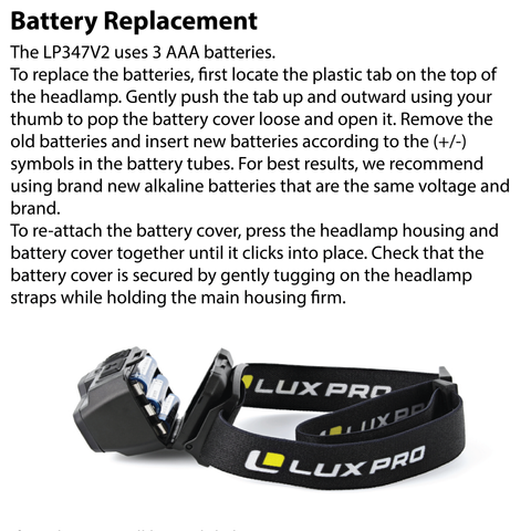LUXPRO LP347V2 Headlamp Battery Replacement Instructions