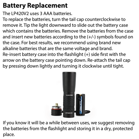 LUXPRO LP420V2 Flashlight Battery Replacement Instructions