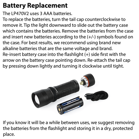 LUXPRO LP470V2 Flashlight Battery Replacement Instructions