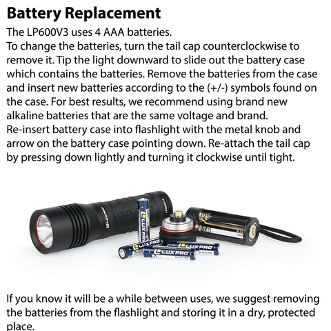 LUXPRO LP600V3 Flashlight Battery Replacement Instructions