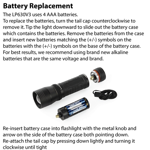 LUXPRO LP630V3 Flashlight Battery Replacement Instructions
