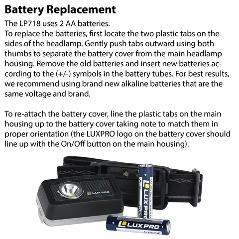 LUXPRO LP718 Headlamp Battery Replacement Instructions