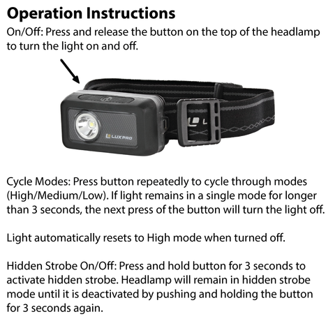 LUXPRO LP718 Headlamp Operation Instructions