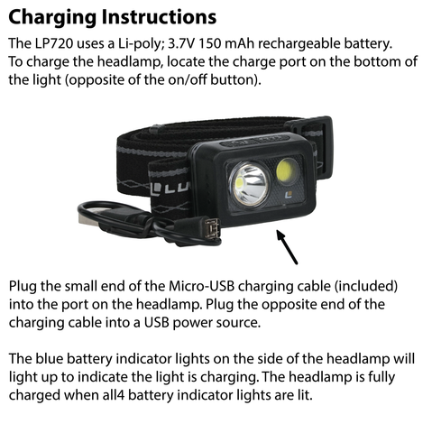 LUXPRO LP720 Headlamp Charging Instructions