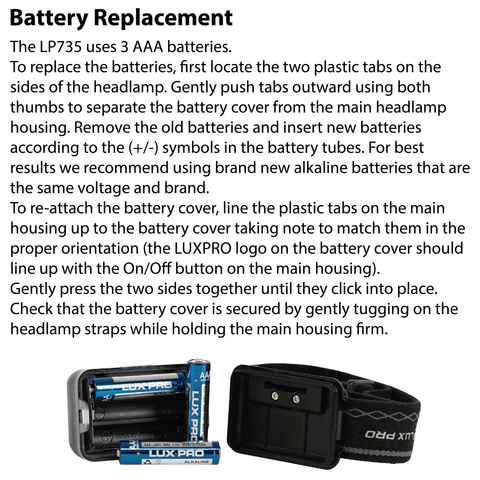 LUXPRO LP735 Headlamp Battery Replacement Instructions