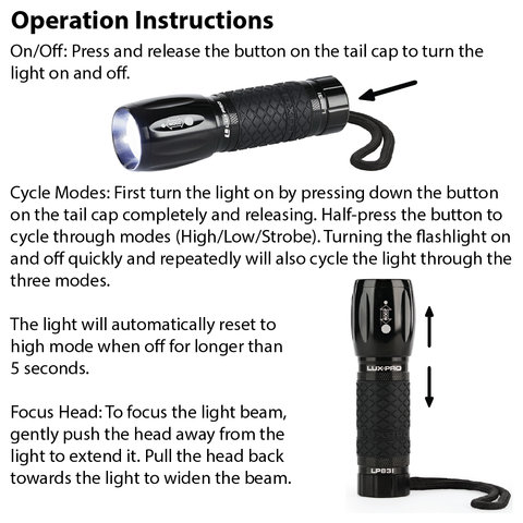 LUXPRO LP831C Flashlight Operation Instructions