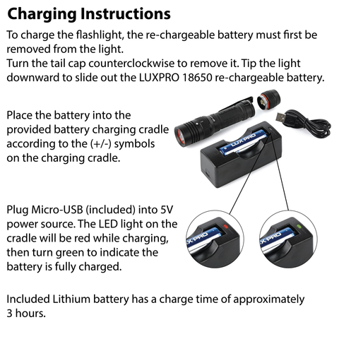 LUXPRO XP910 Flashlight Charging Instructions