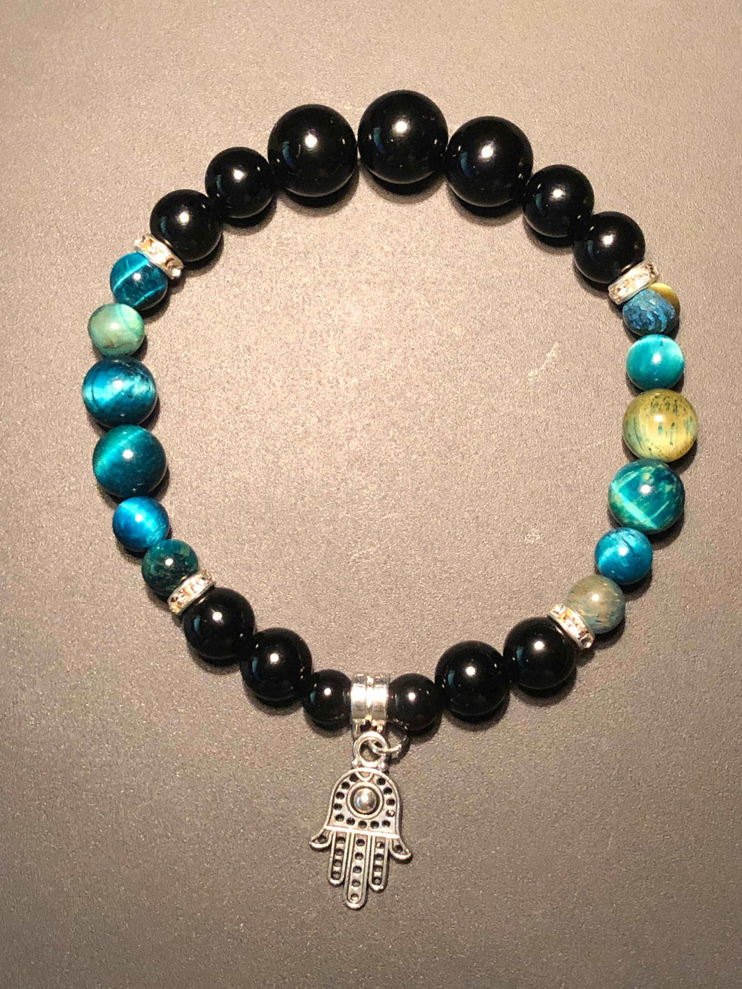 Blue- Green Tigers Eye x Onyx X Hand of Fatima Charm Bracelet-Bracelets-Dope Alchemy Handcrafted-DopeAlchemy.com