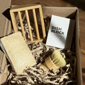 Zero-Waste Dish Cleaning Set - Solid Dish Block, Bamboo Brush & Biodegradable Sponge - Ekologicall