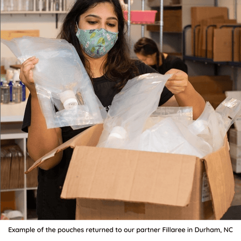 Woman removing plastic pouches from a cardboard box so they can be reused