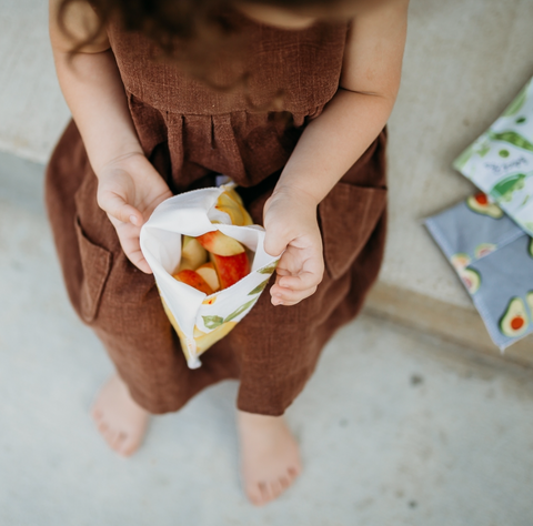 Reusable snack bag with apple slices hold by a little girl in a brown dress