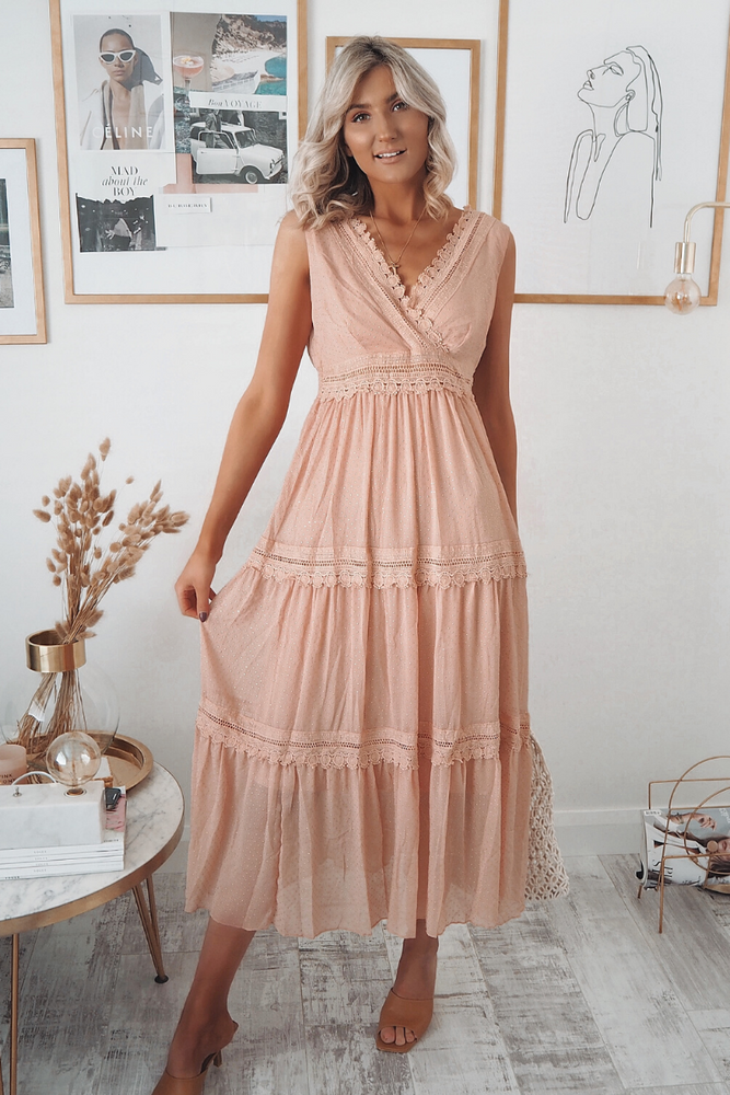 peach lace midi dress