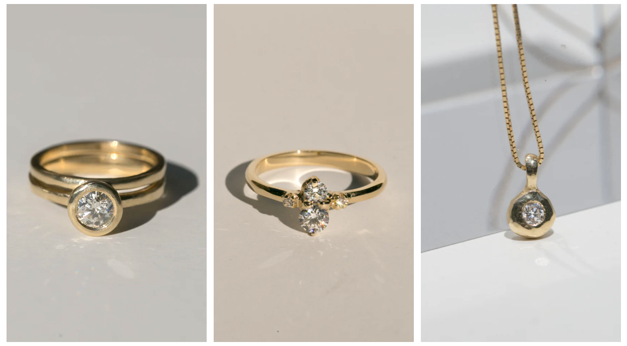 The 1.5 mm Band with a Solitaire Ring, A Delicate Grace Ring, and a Glimmer Pendant
