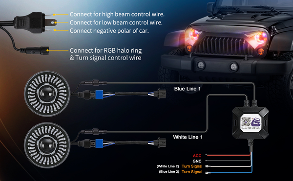 how to connect the wire of 7inch round RGB headlight?