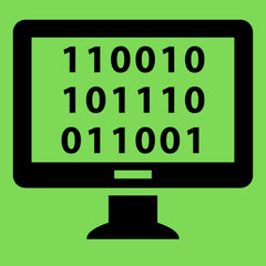 Graphic showing computer screen with zeros and ones on a bright green background