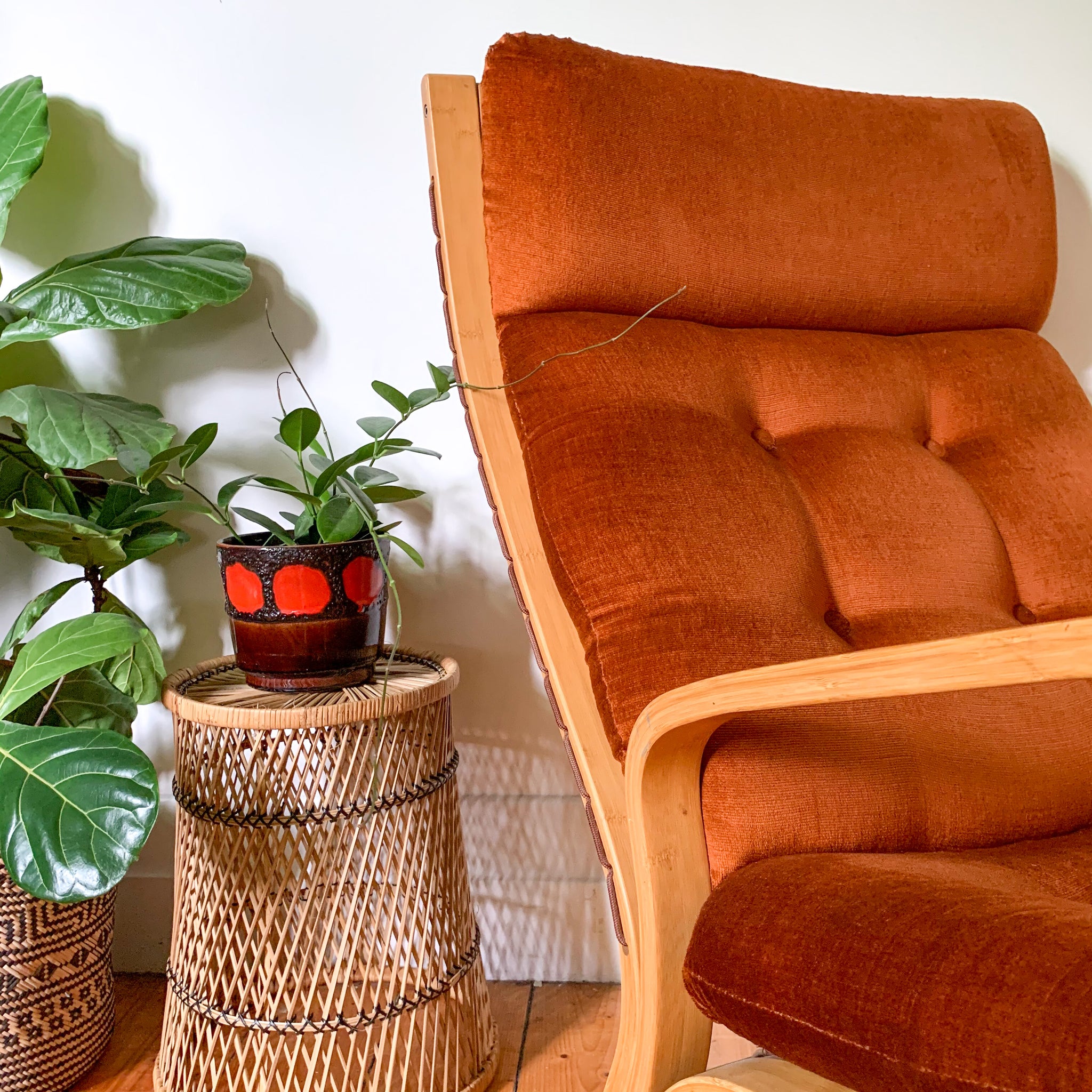 1970s BURNT ORANGE VELVET CANTILEVER ARMCHAIR