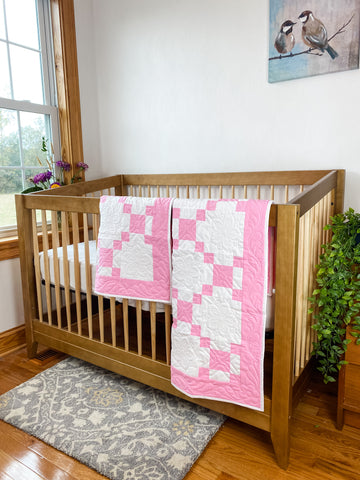 comparison of the baby size and crib size Classic nine patch pink and white quilts