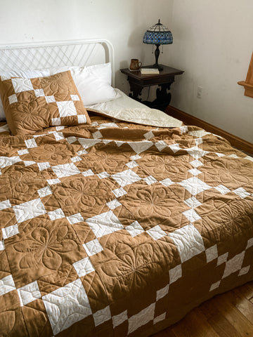 brown and white nine patch variation antique farmhouse style bed quilt