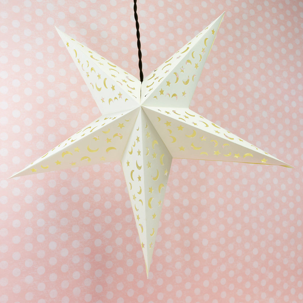 24" White Star Moon Cut-Out Paper Star Lantern, Hanging Wedding & Party Decoration