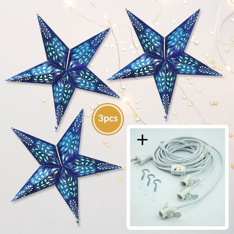 3-PACK + Cord | Blue Monarch Glitter 24" Illuminated Paper Star Lanterns and Lamp Cord Hanging Decorations - PaperLanternStore.com - Paper Lanterns, Decor, Party Lights & More
