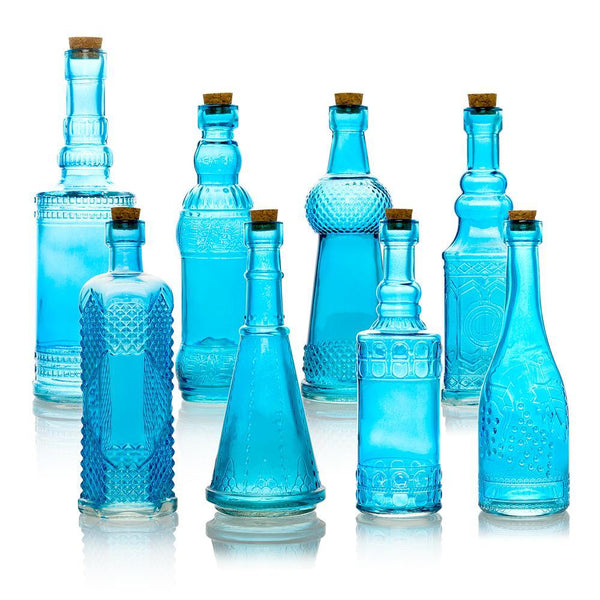 8pc Turquoise Vintage Glass Wedding Bottle Set, Assorted Wedding Table ...