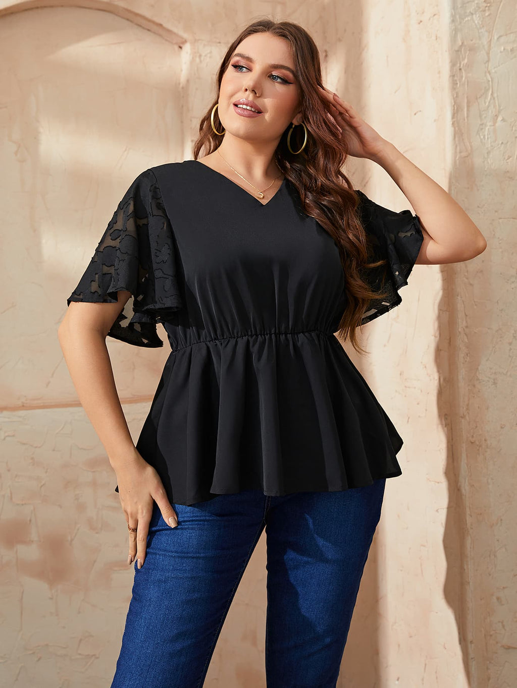 Curvy Corner - Drawstring Sweetheart Neck Babydoll Blouse - Sizes up to 5X