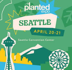 Green announcement with Space Needle, ferris wheel and mountain for Planted Expo Seattle