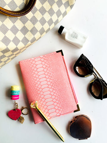 passport holder, vaccination card holder, pink crocodile leather, small leather goods, made in trinidad, gale and co trinidad