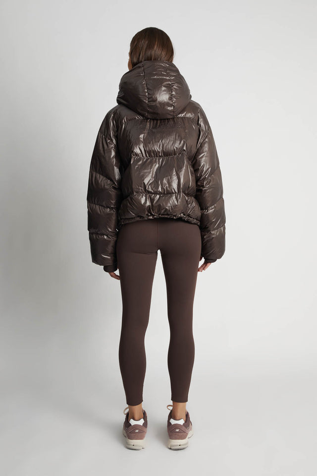 chocolate brown puffer jacket with hood