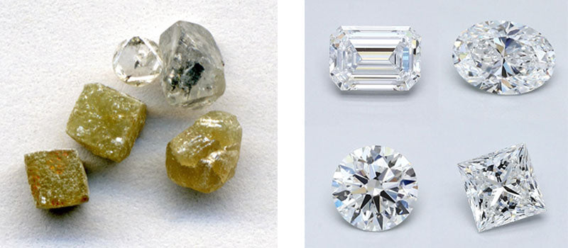 rough diamonds are pictured on the left while cut and polished diamonds of various shapes are pictured on the right