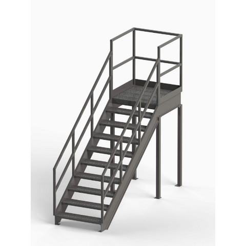 Industrial warehouse stairway with platform and white background