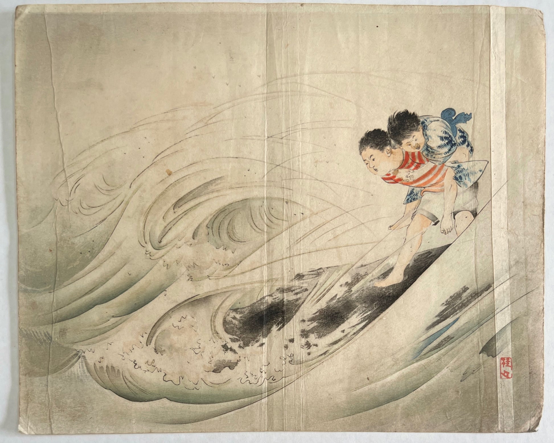 estampe japonaise kuchi-e de Takeuchi Keishu enfant portant son petit frère et jouant avec les vagues