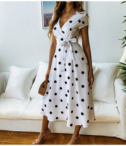 Polka Dots, Retro Polka Dot Dress, Plunging V neck Dress, white polka dots dress, polka dot wrap dress, wrap dresses, women's wrap dress, polka dot maxi dress, maxi dress for women